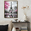 Valentine Paris Eiffel Tower Couple Canvas Wall Art, Romantic Couple With Pink Umbrella Cherry Blossom Framed Canvas Print, Love Themed Bedroom Wall Decor