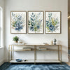 Set of 3 Teal Blue Floral Botanical Watercolor Canvas Wall Art
