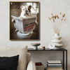 Funny English Bulldog On Toilet Reading Newspaper Wall Art, Quirky Dog Bathroom Canvas Print, Humorous Pet Restroom Wall Decor