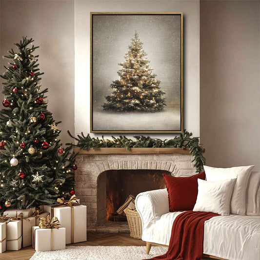 Glowing Snowy Christmas Tree Framed Wall Art Neutral Vintage Farmhouse Holiday Print