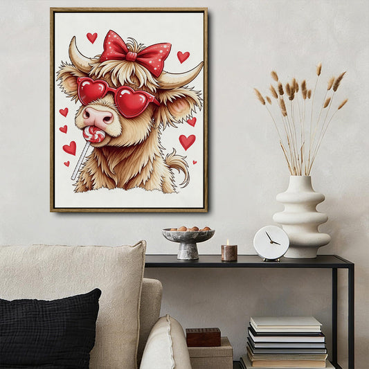 Cute Highland Cow With Heart Sunglasses Wall Art, Red Bow Lollipop Canvas Print, Fun Cow Lover Home Decor