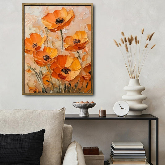 Textured Orange Poppy Flower Canvas Wall Art, Abstract Floral Impasto Oil Painting Print, Neutral Warm Tone Home Decor for Living Room Entryway