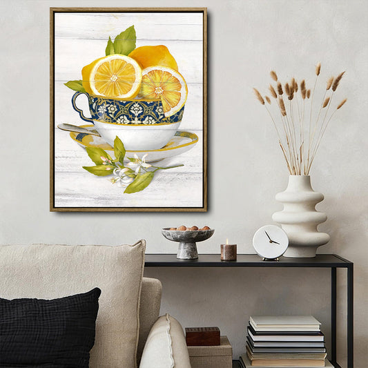 Vintage Teacup Lemon Wall Art, Blue Gold Floral Cup Fresh Lemon Canvas Print, Farmhouse Kitchen Dining Room Decor