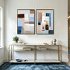2 Piece Neutral Earth Tone Pastel Blue Geometric Abstract Canvas Prints Palette Knife Textured Contemporary Wall Art
