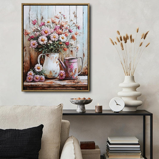 Shabby Chic Wild Daisy Wall Print, Antique Jug Watering Can Flower Canvas for Living Room Cottage Farmhouse Decor