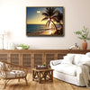 Tropical Palm Tree Beach Sunset Canvas Print, Golden Ocean Coastal Horizontal Wall Art