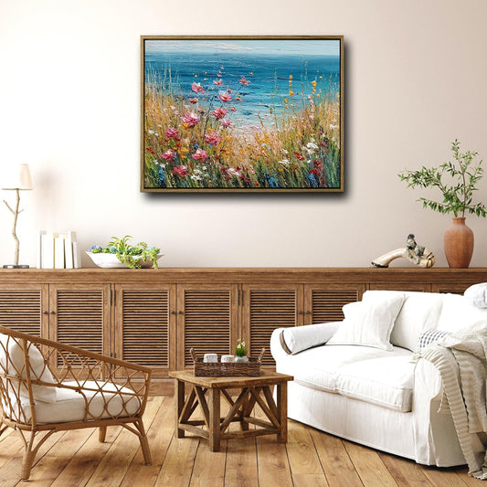 Cliff Wildflower Ocean Landscape Wall Print, Thick Texture Coastal Seascape Canvas for Living Room Bedroom Decor