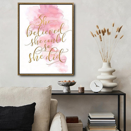 She Believed She Could So She Did Framed Motivational Wall Art Pink Watercolor Quote Print