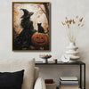 Gothic Witch Black Cat Pumpkin Canvas Print, Vintage Autumn Forest Halloween Wall Art