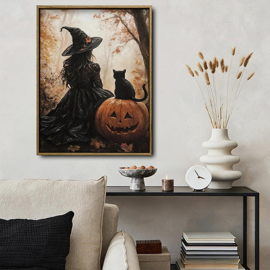 Gothic Witch Black Cat Pumpkin Canvas Print, Vintage Autumn Forest Halloween Wall Art
