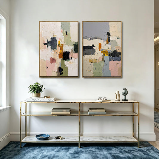 Set of 2 Neutral Pastel Textured Abstract Canvas Wall Art Organic Modern Decor