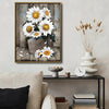 Rustic Farmhouse Wall Decor, White Sunflowers In Galvanized Bucket “FLOWERS & SUNLIGHT” Distressed Wood Background Vertical Canvas Art, Shabby Chic Country Floral Artwork