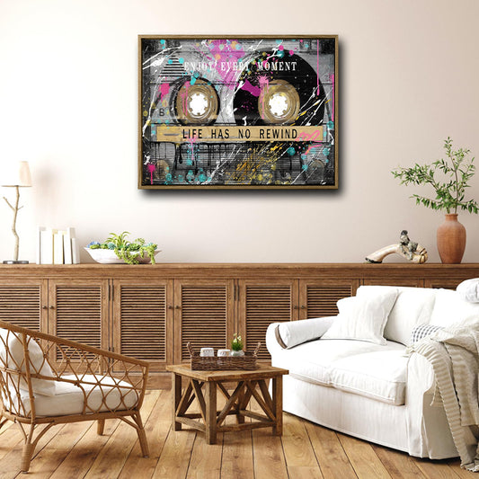 Vintage Tape Motivational Wall Print, Life Has No Rewind Street Art Music Canvas for Office Bedroom Decor