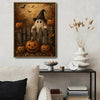 Vintage Ghost Witch Hat Pumpkin Fence Halloween Framed Wall Art Print