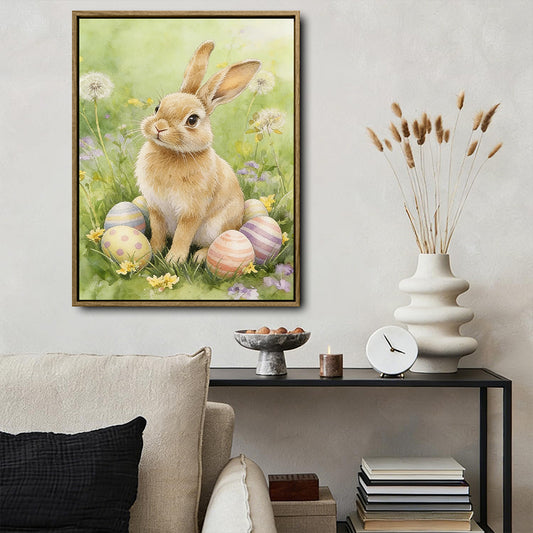 Watercolor Bunny Wildflower Meadow Pastel Easter Eggs Canvas Wall Art