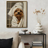 Whimsical Yorkie Bathroom Poster, Elegant Yorkshire Terrier With Lace Spa Towel Print, Humorous Restroom Wall Art For Dog Lovers