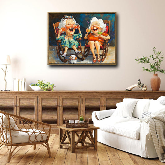 Whimsical Laughing Elderly Women Cocktail Canvas Print, Happy Old Best Friends With Dog Wall Art