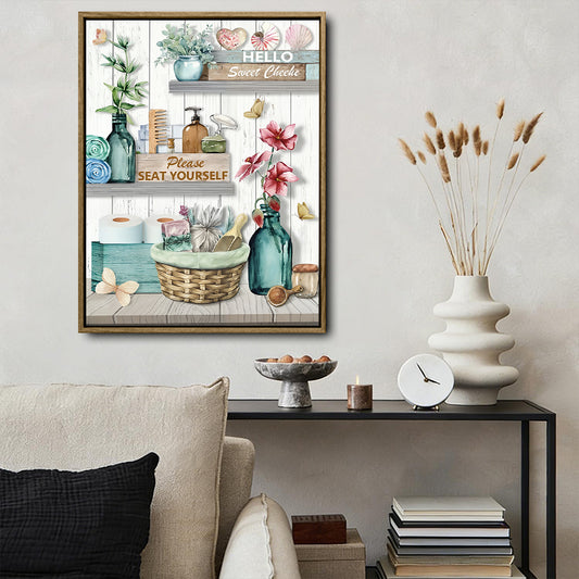 Rustic Bathroom Quote Wall Print, Please Seat Yourself Floral Shelf Art, Farmhouse Restroom Home Canvas Decor