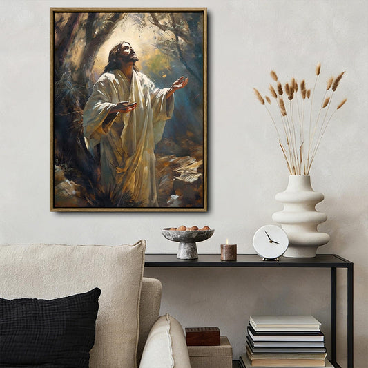 Inspirational Jesus Prayer Canvas Wall Art, Jesus With Open Uplifted Hands Garden Vintage Oil‑Style Religious Poster