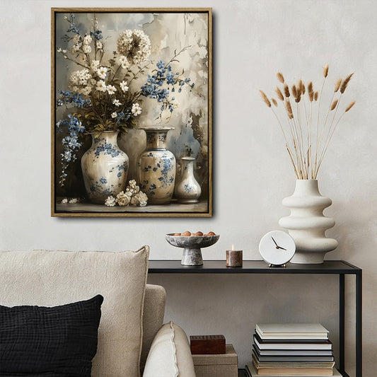Neutral Farmhouse Wall Decor, White & Blue Wildflowers Bouquet in Antique Blue and White Porcelain Vases Textured Vintage Background Vertical Canvas Art, Classic Oriental Floral Still Life Artwork
