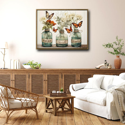 Relax Soak Unwind Canvas Wall Art, Teal Glass Jars Wildflower Butterfly Horizontal Print, Farmhouse Vintage Bathroom Spa Wall Decor