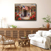 Patriotic Red Rose Colonial House American Flag Canvas Wall Art, Farmhouse Floral Front Porch Canvas Painting