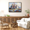 Coastal American Cottage Canvas Wall Art, Seaside House with US Flag Floral Garden Oil Painting, Farmhouse Beach Home Framed Canvas Print