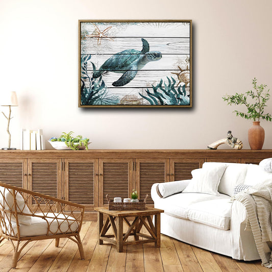 Vintage Sea Turtle Canvas Print, Wooden Plank Coastal Ocean Starfish Nautical Wall Art