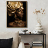 Dark Luxury Gold Rose Canvas Poster, Elegant Black Woman with Golden Rose Necklace & Earrings Artwork for Gallery Wall Vanity Room Decor