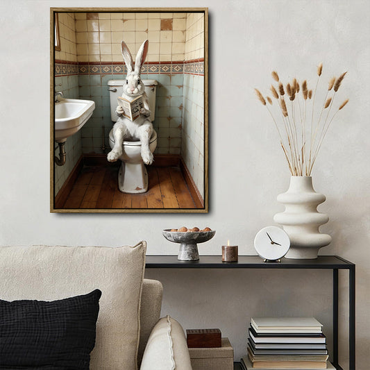 Vintage Funny Bunny On Toilet Reading Newspaper Wall Art, Fun Bathroom Canvas Poster, Whimsical Animal Home Decor