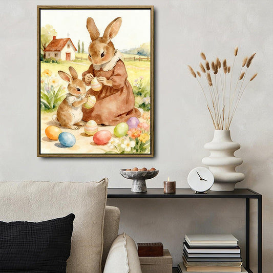 Mother Baby Bunny Painting Easter Eggs Country Watercolor Canvas Wall Art