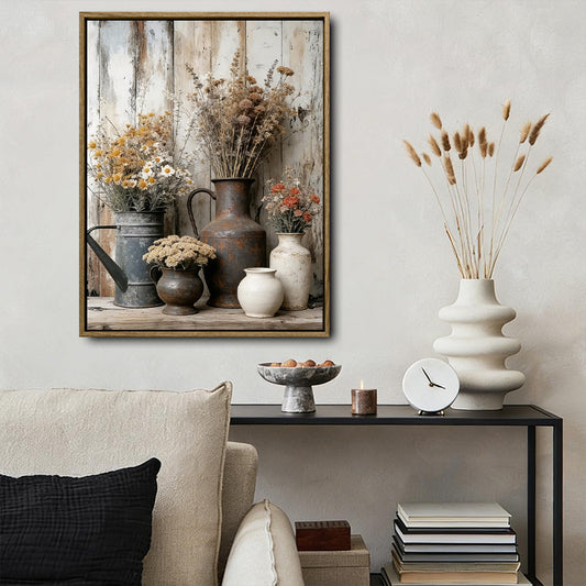 Antique Dried Flower Vase Wall Art, Rustic Pottery Still Life Canvas Print, Framed Wall Decor for Living Room Bedroom