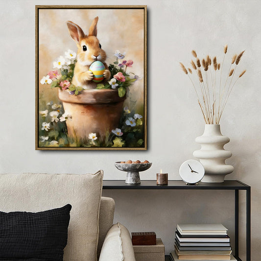 Bunny in Terracotta Pot Wildflowers Easter Egg Canvas Wall Art