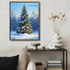 Vintage Christmas Forest Canvas Print, Snow‑Covered Xmas Tree with Ornaments & Santa Sleigh Holiday Wall Art