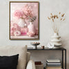 Valentine Pink Floral Perfume Bottle Canvas Wall Art, Soft Pink Rose Peony Vase Still Life Framed Canvas Print, Romantic Coquette Bedroom Vanity Wall Decor
