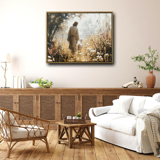 Inspirational Jesus Shepherd Canvas Wall Art, Jesus and Lamb Wildflower Meadow Vintage Oil Painting Style Religious Poster