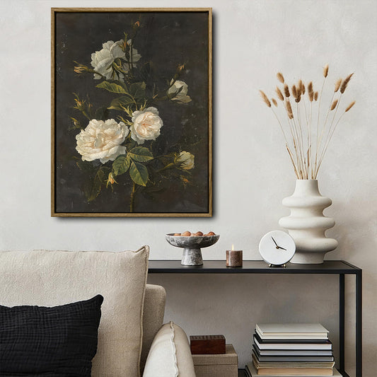 Dark Background White Roses Wall Art, Vintage Floral Oil Painting Canvas Print, Moody Antique Botanical Farmhouse Decor