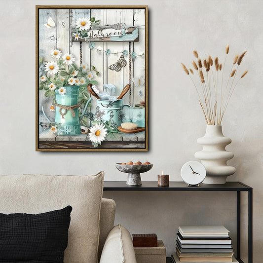 Farmhouse Bathroom Canvas Wall Art, White Daisy Teal Watering Can Butterfly Print, Vintage Rustic Wooden Plank Bathroom Sign Decor