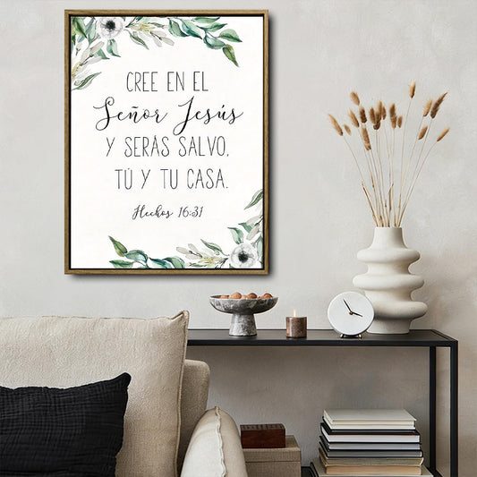 Hechos 16:31 Spanish Christian Framed Wall Art Floral Bible Verse Print