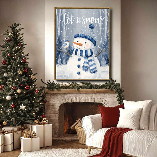Let It Snow Snowman Framed Wall Art Blue White Christmas Winter Farmhouse Print
