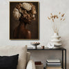 Dark Botanical Portrait Canvas Poster, Melanin Woman With Cream Dried Peony Blooms Artwork for Gallery Wall Bohemian Home Decor