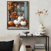 Farmhouse Halloween White Pumpkin Canvas Print, Rustic Blue Window Autumn Maple Leaves Fall Wall Art