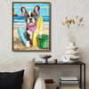 French Bulldog Surfboard Beach Lighthouse Canvas Wall Art, Cute Summer Dog Coastal Vertical Print, Nautical Beach House Pet Lover Wall Decor