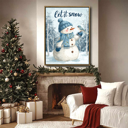 Let It Snow Snowman Framed Wall Art Cute Christmas Winter Farmhouse Print