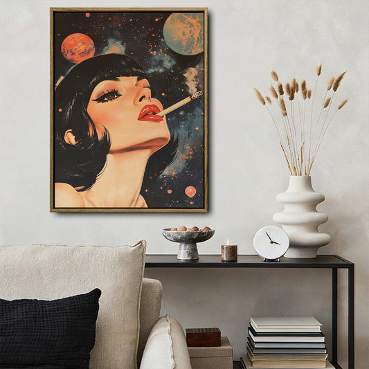 Retro Cosmic Pin Up Woman Canvas Print, Vintage Galaxy Planet Red Lips Surreal Pop Wall Art