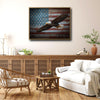 Rustic American Flag Wooden Background With Soaring Bald Eagle Framed Canvas Wall Art, Patriotic Farmhouse Wall Decor Print