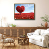 Valentine Red Heart‑Shaped Tree Canvas Wall Art, Romantic Heart Tree in Red Wildflower Field Framed Canvas Print, Love Theme Living Room Bedroom Wall Decor