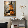 Halloween Black Cat Stacked Pumpkin Canvas Print, Witch Hat Jack O Lantern Full Moon Vintage Fall Wall Art