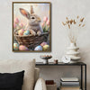 Easter Bunny in Basket with Easter Eggs and Pink Tulips Canvas Wall Art