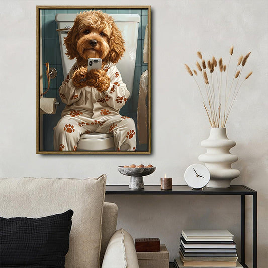 Goldendoodle Dog On Toilet With Phone Canvas Wall Art, Funny Paw Print Pajamas Dog Vertical Print, Humorous Bathroom Restroom Wall Decor